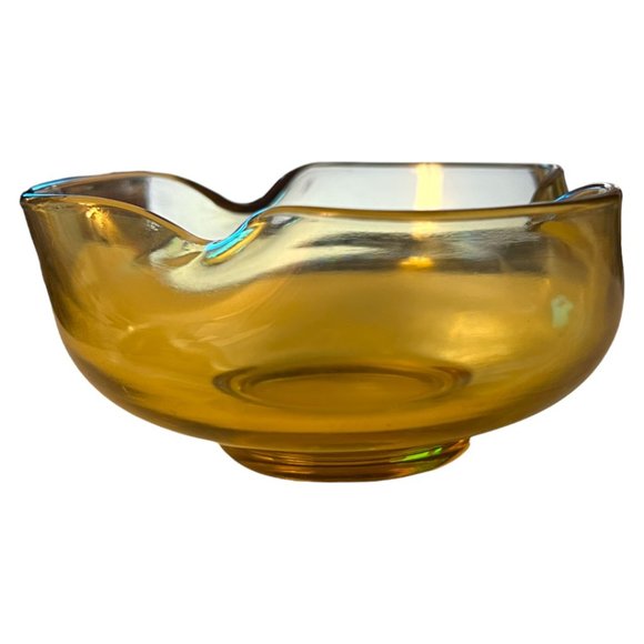 VTG Viking Rounded / Folded Edge Footed Trinket Dish Bowl MCM Amber Yellow Glass - Picture 3 of 7